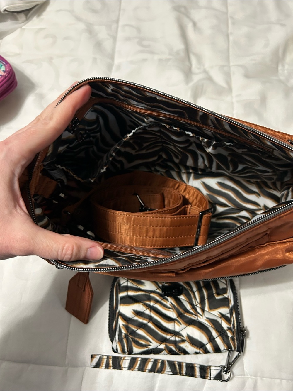 Lug Stretch Copper Crossbody and Rodeo Zebra-Print Wristlet EUC - Picture 3 of 6